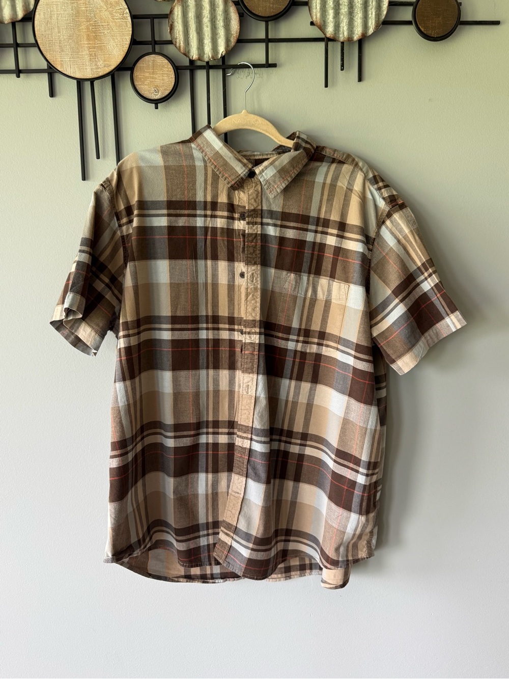 Men’s Casual Short-Sleeve Plaid Button-Down Shirt - Brown & Cream